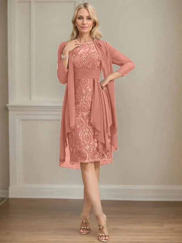 Sheath/Column Scoop Illusion Knee-Length Lace Chiffon Mother of the Bride Dress With Cascading Ruffles Sequins - Image 25