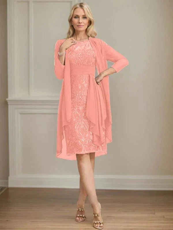 Sheath/Column Scoop Illusion Knee-Length Lace Chiffon Mother of the Bride Dress With Cascading Ruffles Sequins - Image 26