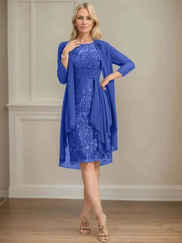 Sheath/Column Scoop Illusion Knee-Length Lace Chiffon Mother of the Bride Dress With Cascading Ruffles Sequins - Image 28