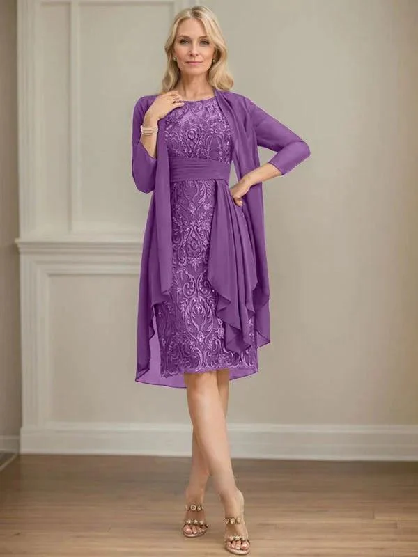 Sheath/Column Scoop Illusion Knee-Length Lace Chiffon Mother of the Bride Dress With Cascading Ruffles Sequins - Image 29