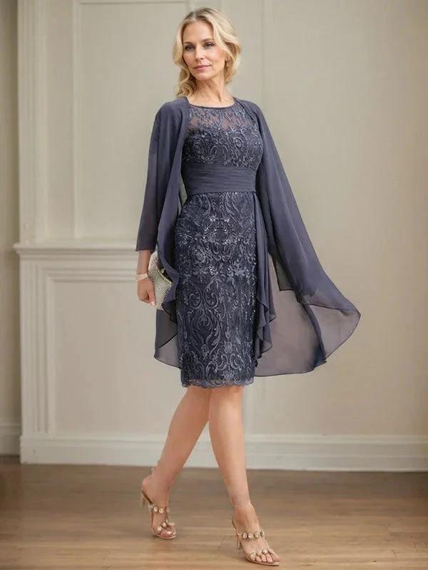 Sheath/Column Scoop Illusion Knee-Length Lace Chiffon Mother of the Bride Dress With Cascading Ruffles Sequins - Image 3