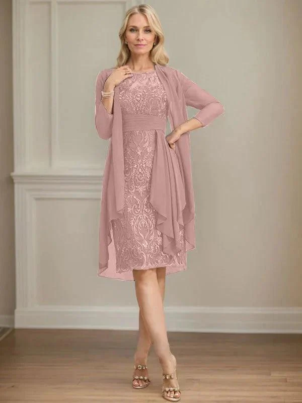 Sheath/Column Scoop Illusion Knee-Length Lace Chiffon Mother of the Bride Dress With Cascading Ruffles Sequins - Image 30