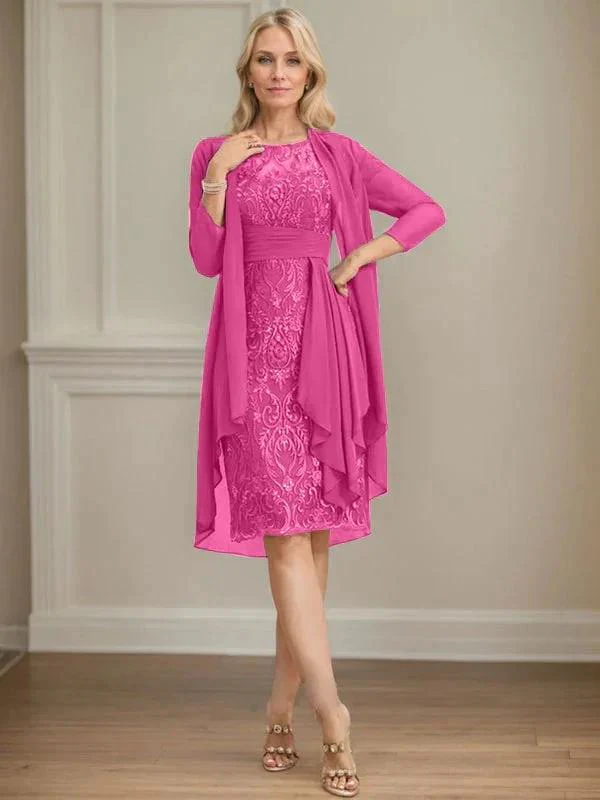 Sheath/Column Scoop Illusion Knee-Length Lace Chiffon Mother of the Bride Dress With Cascading Ruffles Sequins - Image 31