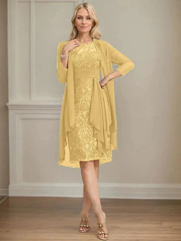 Sheath/Column Scoop Illusion Knee-Length Lace Chiffon Mother of the Bride Dress With Cascading Ruffles Sequins - Image 32