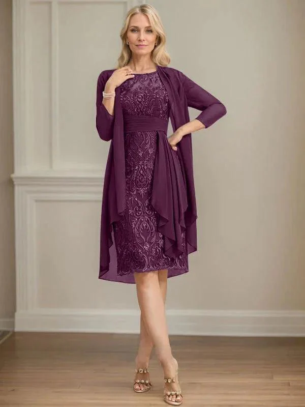 Sheath/Column Scoop Illusion Knee-Length Lace Chiffon Mother of the Bride Dress With Cascading Ruffles Sequins - Image 33