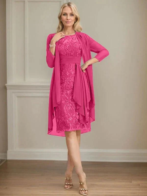 Sheath/Column Scoop Illusion Knee-Length Lace Chiffon Mother of the Bride Dress With Cascading Ruffles Sequins - Image 34