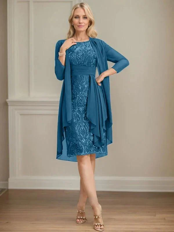 Sheath/Column Scoop Illusion Knee-Length Lace Chiffon Mother of the Bride Dress With Cascading Ruffles Sequins - Image 35