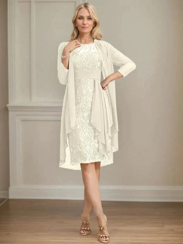 Sheath/Column Scoop Illusion Knee-Length Lace Chiffon Mother of the Bride Dress With Cascading Ruffles Sequins - Image 36
