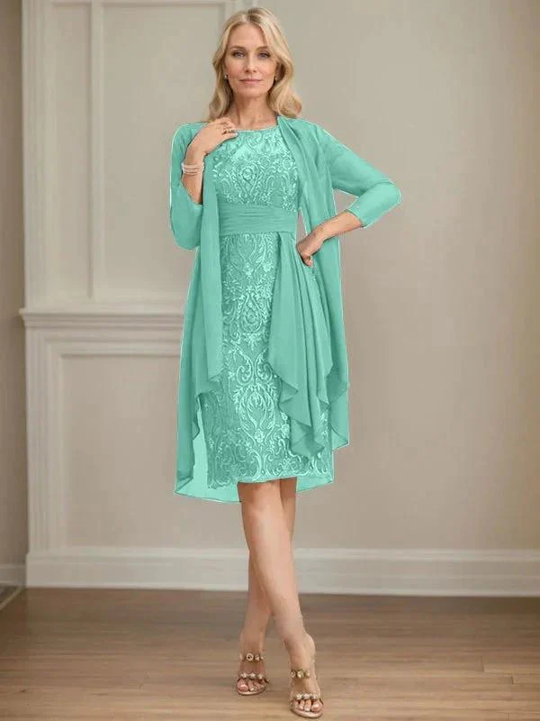 Sheath/Column Scoop Illusion Knee-Length Lace Chiffon Mother of the Bride Dress With Cascading Ruffles Sequins - Image 37