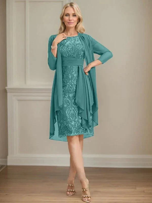 Sheath/Column Scoop Illusion Knee-Length Lace Chiffon Mother of the Bride Dress With Cascading Ruffles Sequins - Image 38
