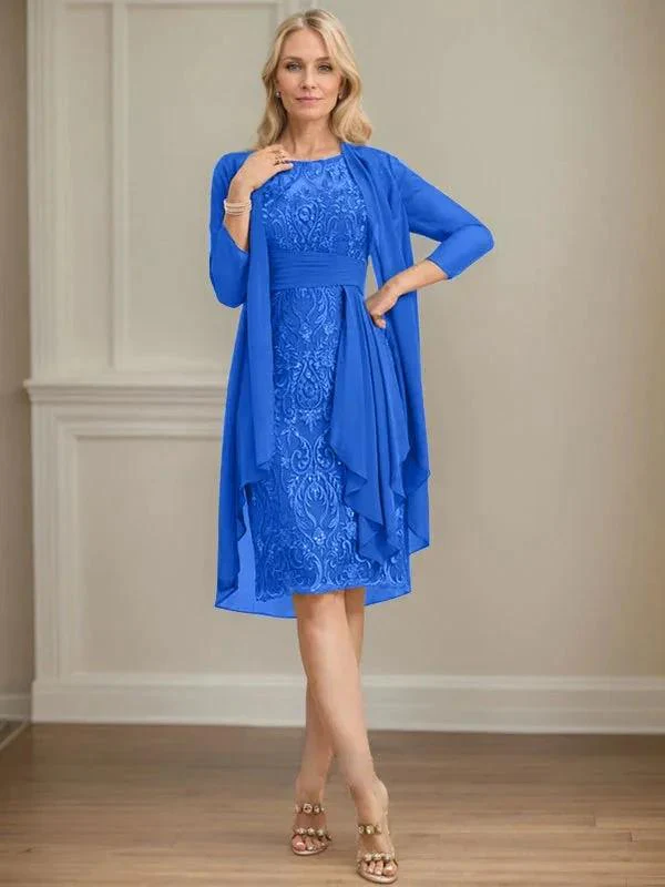 Sheath/Column Scoop Illusion Knee-Length Lace Chiffon Mother of the Bride Dress With Cascading Ruffles Sequins - Image 39