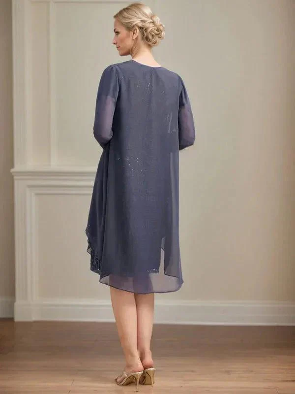 Sheath/Column Scoop Illusion Knee-Length Lace Chiffon Mother of the Bride Dress With Cascading Ruffles Sequins - Image 4