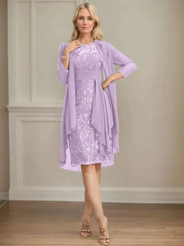 Sheath/Column Scoop Illusion Knee-Length Lace Chiffon Mother of the Bride Dress With Cascading Ruffles Sequins - Image 40