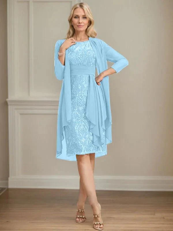 Sheath/Column Scoop Illusion Knee-Length Lace Chiffon Mother of the Bride Dress With Cascading Ruffles Sequins - Image 41