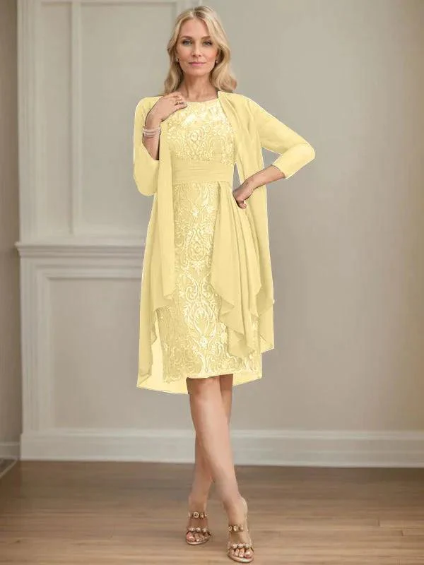 Sheath/Column Scoop Illusion Knee-Length Lace Chiffon Mother of the Bride Dress With Cascading Ruffles Sequins - Image 42