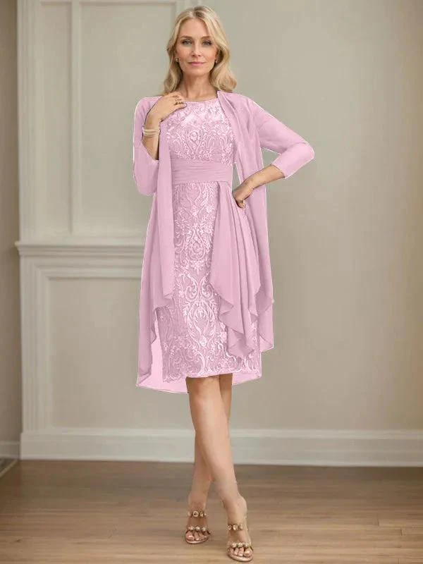 Sheath/Column Scoop Illusion Knee-Length Lace Chiffon Mother of the Bride Dress With Cascading Ruffles Sequins - Image 43