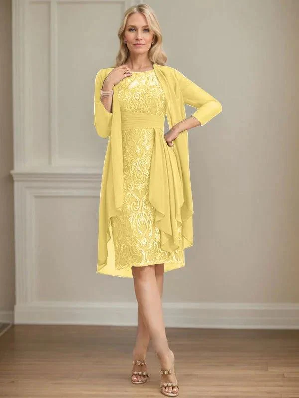 Sheath/Column Scoop Illusion Knee-Length Lace Chiffon Mother of the Bride Dress With Cascading Ruffles Sequins - Image 44