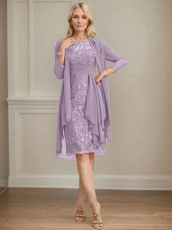 Sheath/Column Scoop Illusion Knee-Length Lace Chiffon Mother of the Bride Dress With Cascading Ruffles Sequins - Image 45