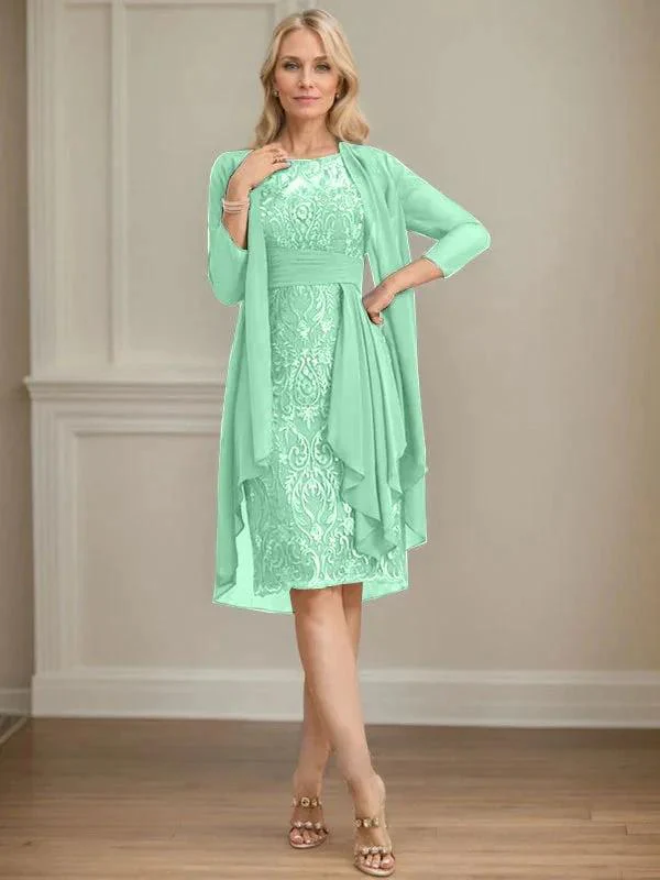 Sheath/Column Scoop Illusion Knee-Length Lace Chiffon Mother of the Bride Dress With Cascading Ruffles Sequins - Image 46