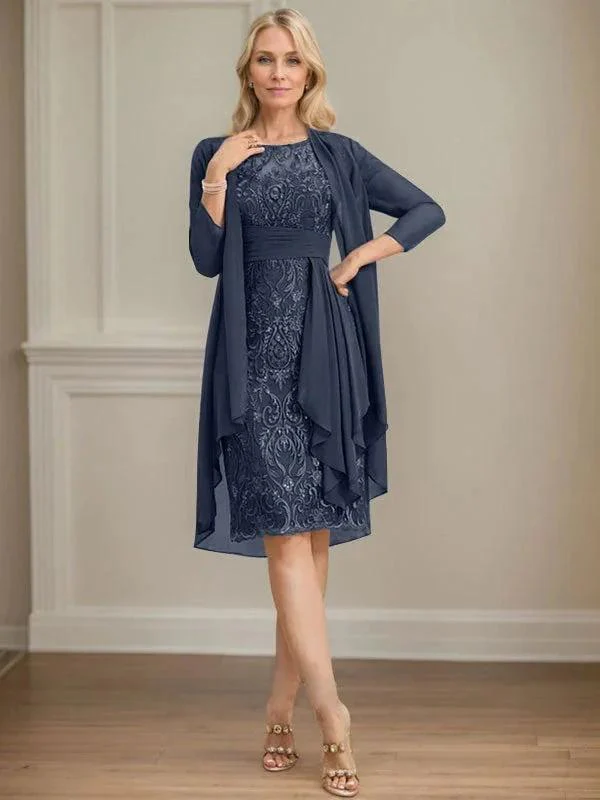 Sheath/Column Scoop Illusion Knee-Length Lace Chiffon Mother of the Bride Dress With Cascading Ruffles Sequins - Image 47