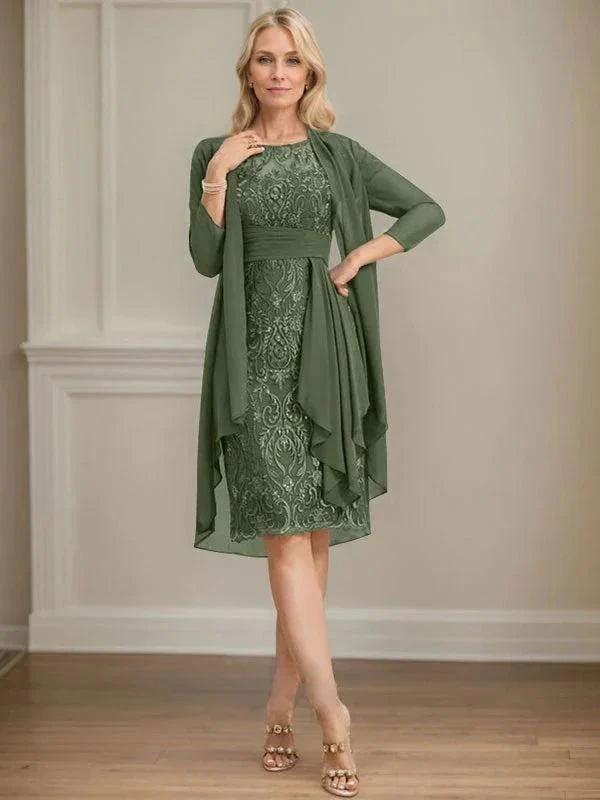 Sheath/Column Scoop Illusion Knee-Length Lace Chiffon Mother of the Bride Dress With Cascading Ruffles Sequins - Image 48