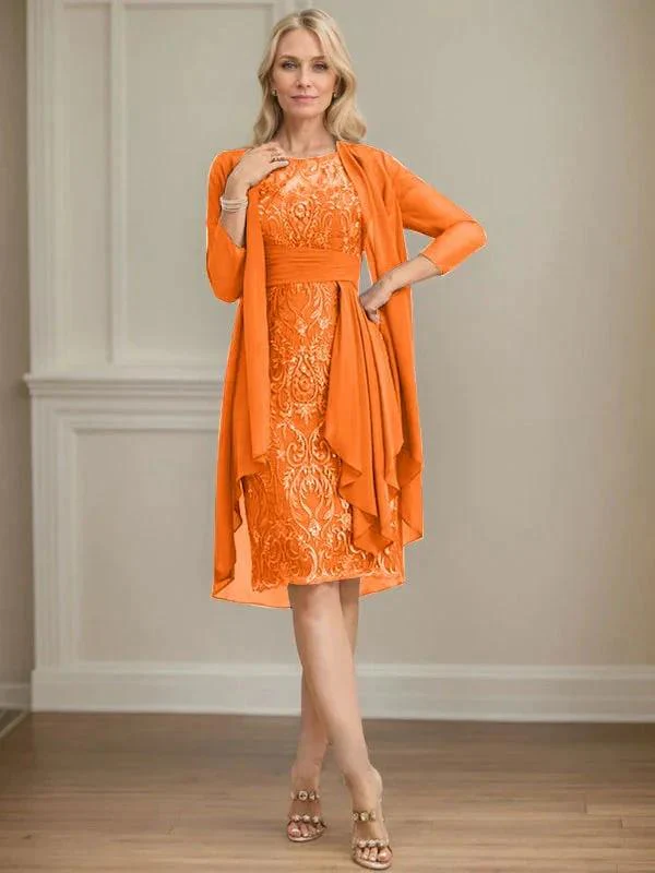 Sheath/Column Scoop Illusion Knee-Length Lace Chiffon Mother of the Bride Dress With Cascading Ruffles Sequins - Image 49