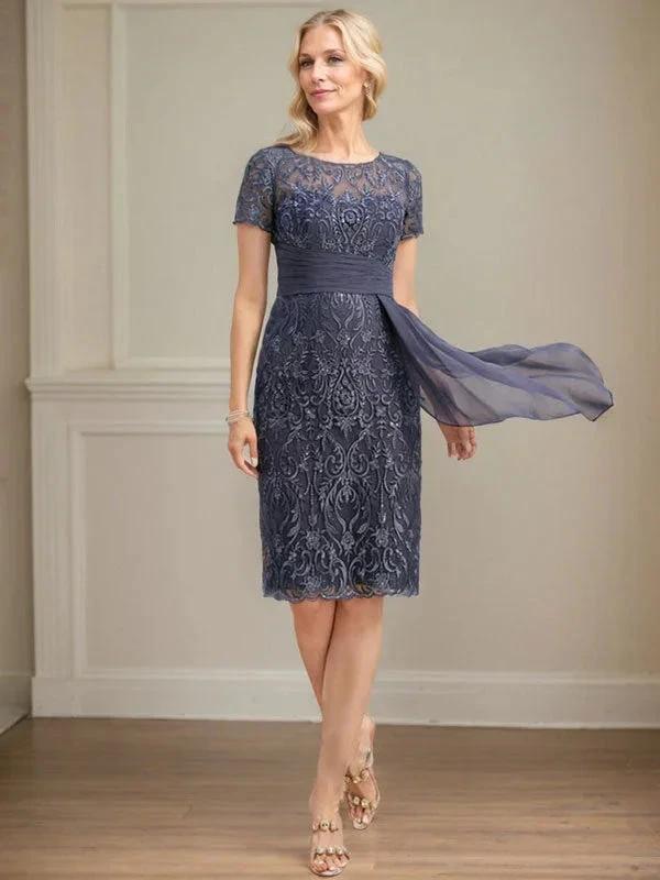 Sheath/Column Scoop Illusion Knee-Length Lace Chiffon Mother of the Bride Dress With Cascading Ruffles Sequins - Image 5