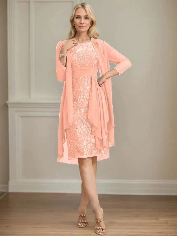 Sheath/Column Scoop Illusion Knee-Length Lace Chiffon Mother of the Bride Dress With Cascading Ruffles Sequins - Image 50