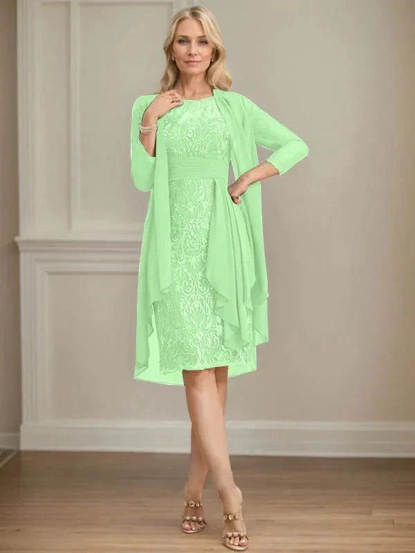 Sheath/Column Scoop Illusion Knee-Length Lace Chiffon Mother of the Bride Dress With Cascading Ruffles Sequins - Image 51