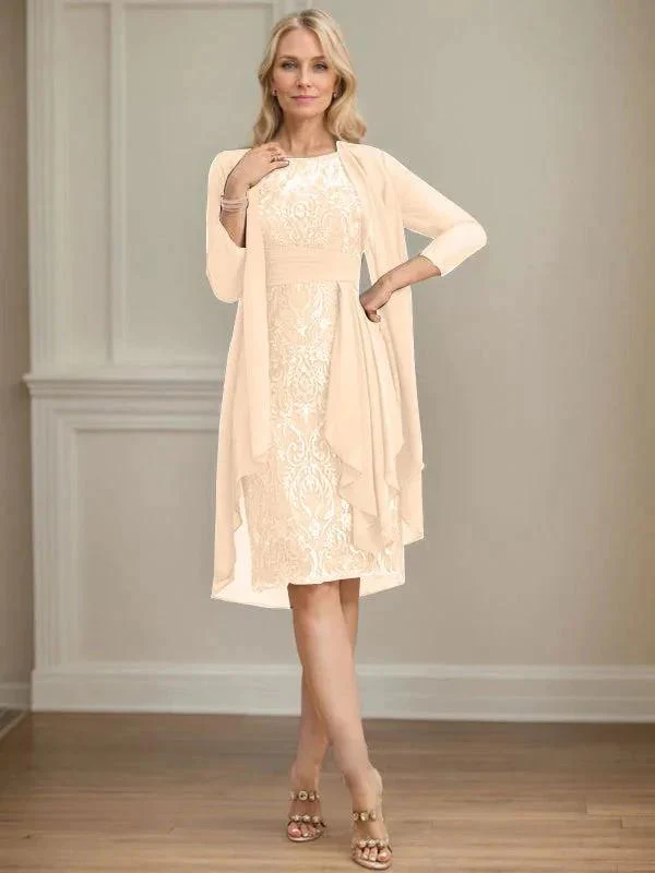 Sheath/Column Scoop Illusion Knee-Length Lace Chiffon Mother of the Bride Dress With Cascading Ruffles Sequins - Image 52
