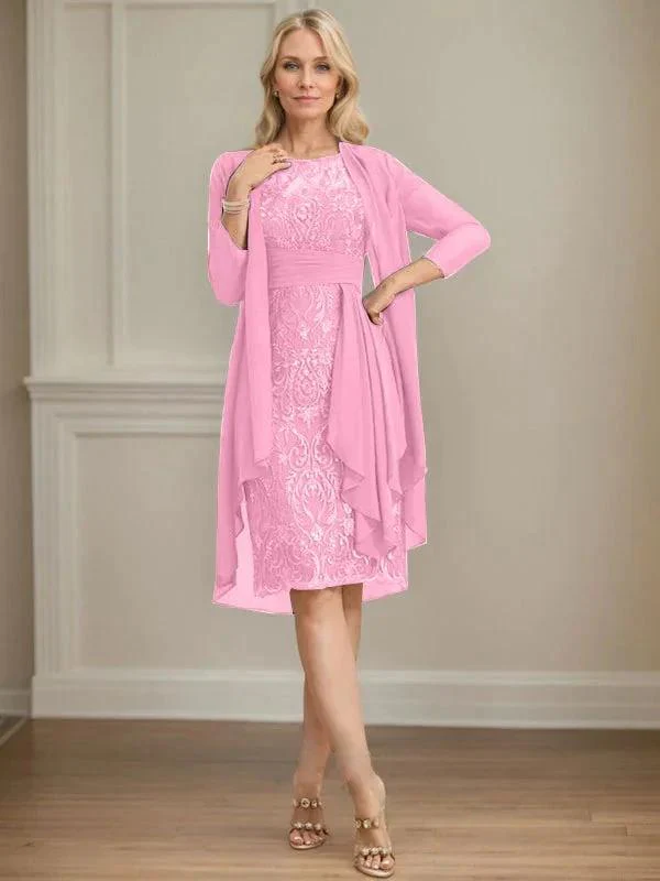 Sheath/Column Scoop Illusion Knee-Length Lace Chiffon Mother of the Bride Dress With Cascading Ruffles Sequins - Image 53