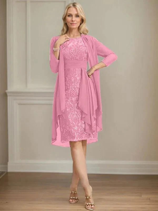 Sheath/Column Scoop Illusion Knee-Length Lace Chiffon Mother of the Bride Dress With Cascading Ruffles Sequins - Image 54