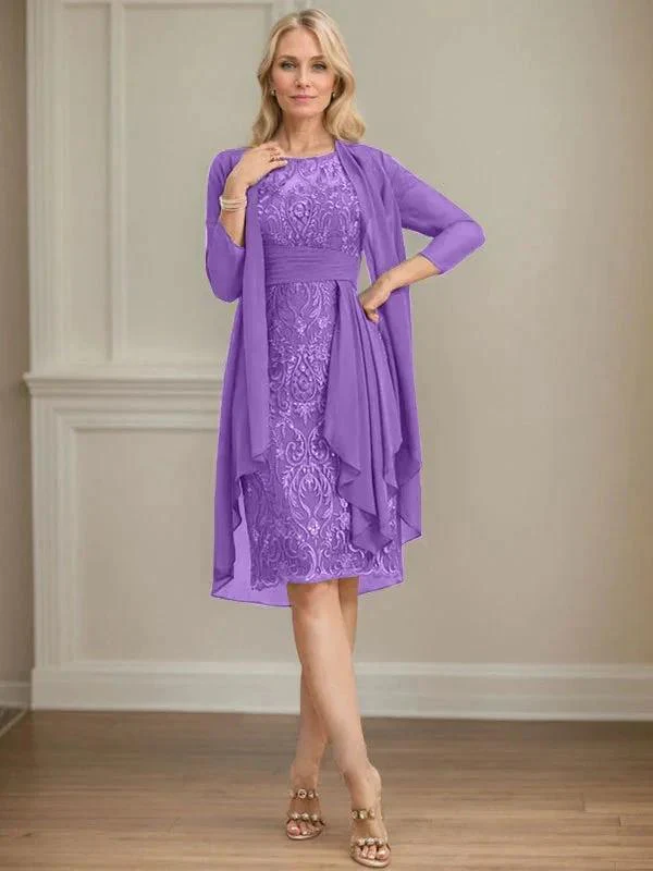 Sheath/Column Scoop Illusion Knee-Length Lace Chiffon Mother of the Bride Dress With Cascading Ruffles Sequins - Image 55