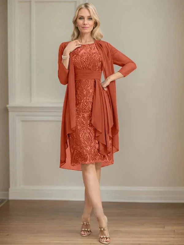 Sheath/Column Scoop Illusion Knee-Length Lace Chiffon Mother of the Bride Dress With Cascading Ruffles Sequins - Image 56