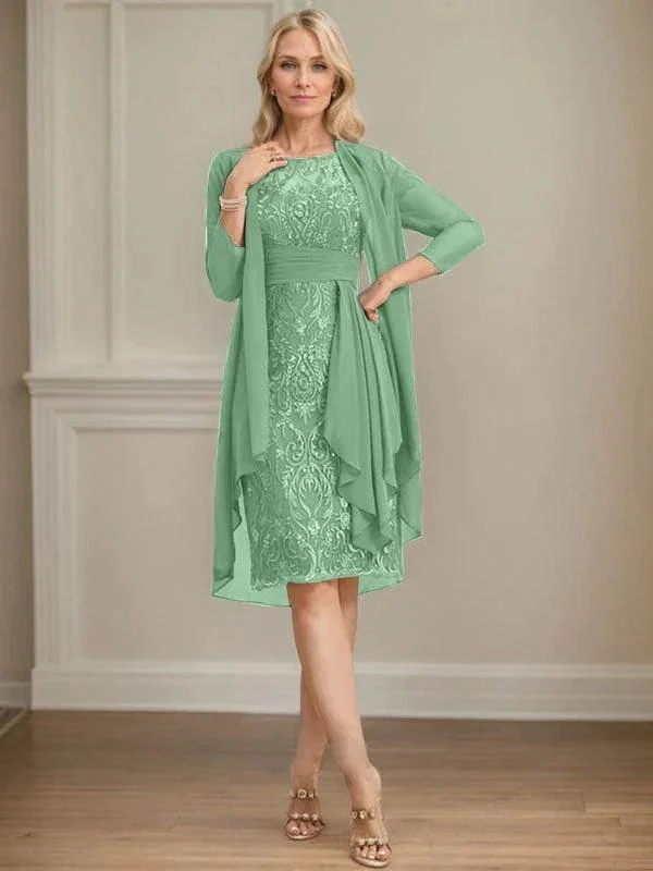 Sheath/Column Scoop Illusion Knee-Length Lace Chiffon Mother of the Bride Dress With Cascading Ruffles Sequins - Image 57