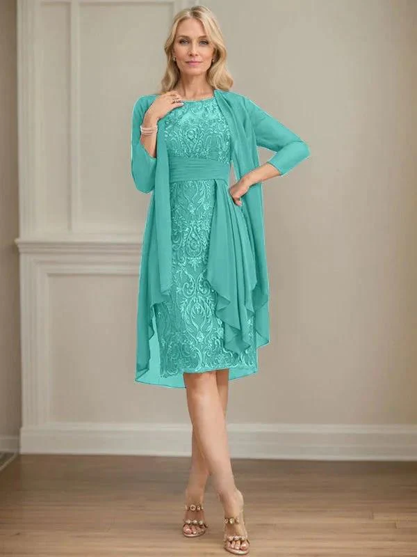 Sheath/Column Scoop Illusion Knee-Length Lace Chiffon Mother of the Bride Dress With Cascading Ruffles Sequins - Image 58