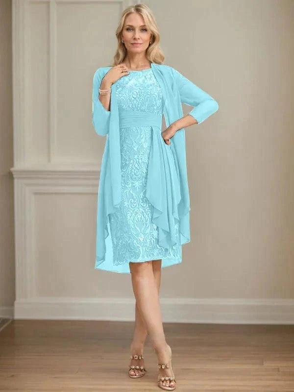 Sheath/Column Scoop Illusion Knee-Length Lace Chiffon Mother of the Bride Dress With Cascading Ruffles Sequins - Image 59
