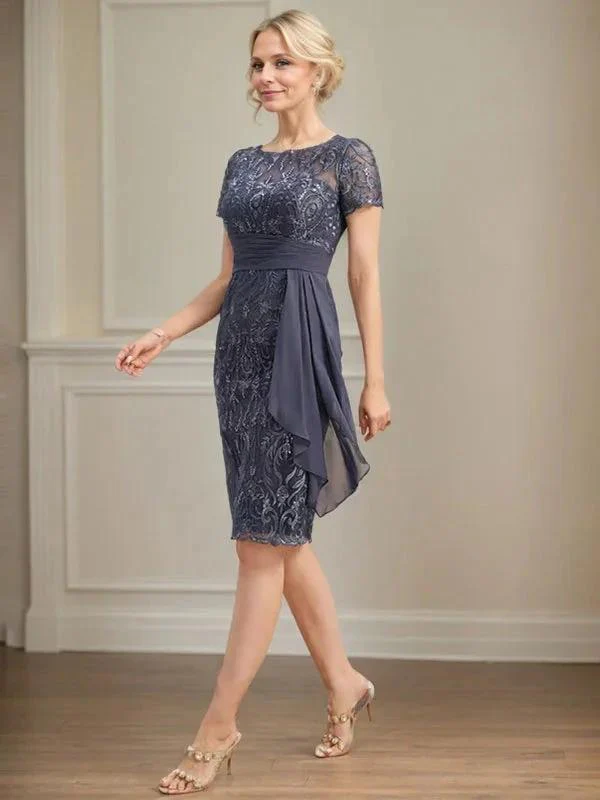Sheath/Column Scoop Illusion Knee-Length Lace Chiffon Mother of the Bride Dress With Cascading Ruffles Sequins - Image 6