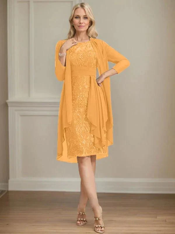 Sheath/Column Scoop Illusion Knee-Length Lace Chiffon Mother of the Bride Dress With Cascading Ruffles Sequins - Image 60