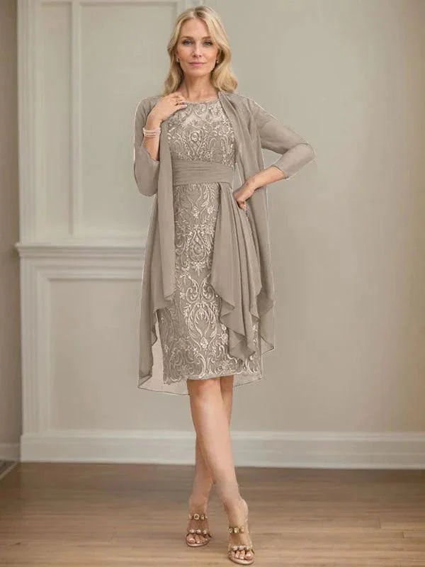 Sheath/Column Scoop Illusion Knee-Length Lace Chiffon Mother of the Bride Dress With Cascading Ruffles Sequins - Image 61