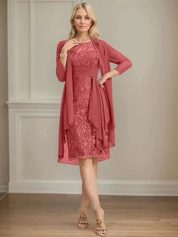 Sheath/Column Scoop Illusion Knee-Length Lace Chiffon Mother of the Bride Dress With Cascading Ruffles Sequins - Image 63