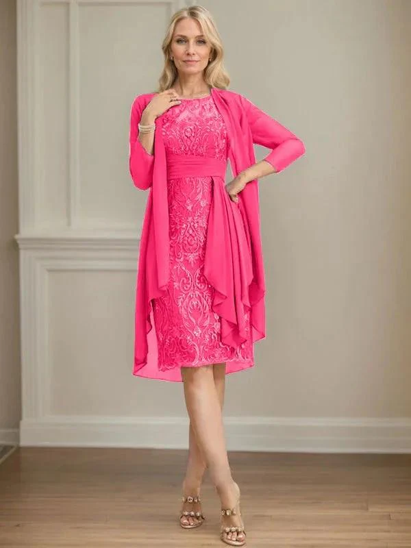 Sheath/Column Scoop Illusion Knee-Length Lace Chiffon Mother of the Bride Dress With Cascading Ruffles Sequins - Image 64