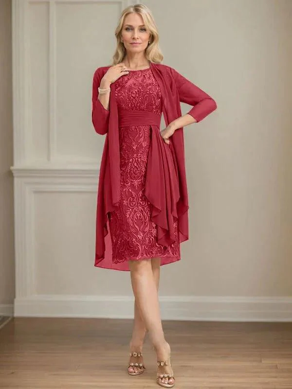 Sheath/Column Scoop Illusion Knee-Length Lace Chiffon Mother of the Bride Dress With Cascading Ruffles Sequins - Image 65