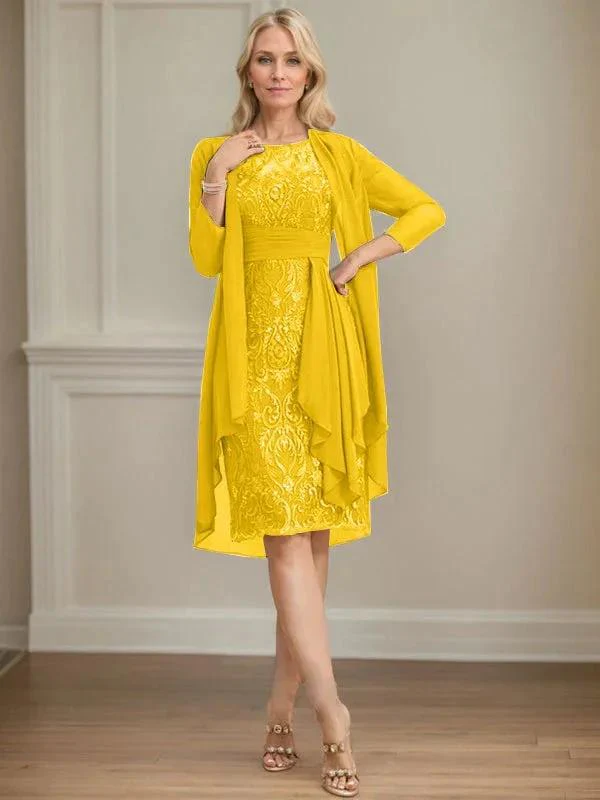 Sheath/Column Scoop Illusion Knee-Length Lace Chiffon Mother of the Bride Dress With Cascading Ruffles Sequins - Image 66