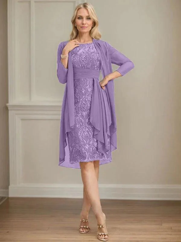 Sheath/Column Scoop Illusion Knee-Length Lace Chiffon Mother of the Bride Dress With Cascading Ruffles Sequins - Image 67
