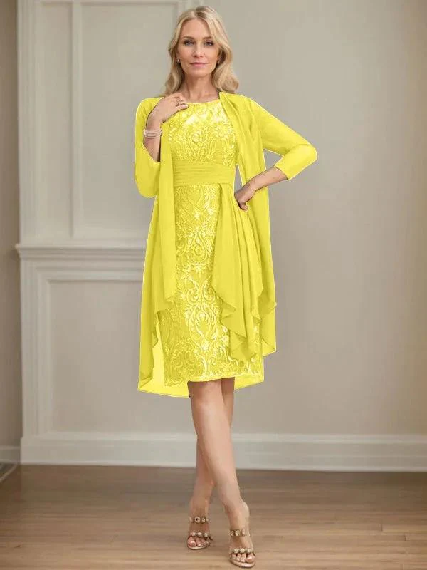 Sheath/Column Scoop Illusion Knee-Length Lace Chiffon Mother of the Bride Dress With Cascading Ruffles Sequins - Image 68
