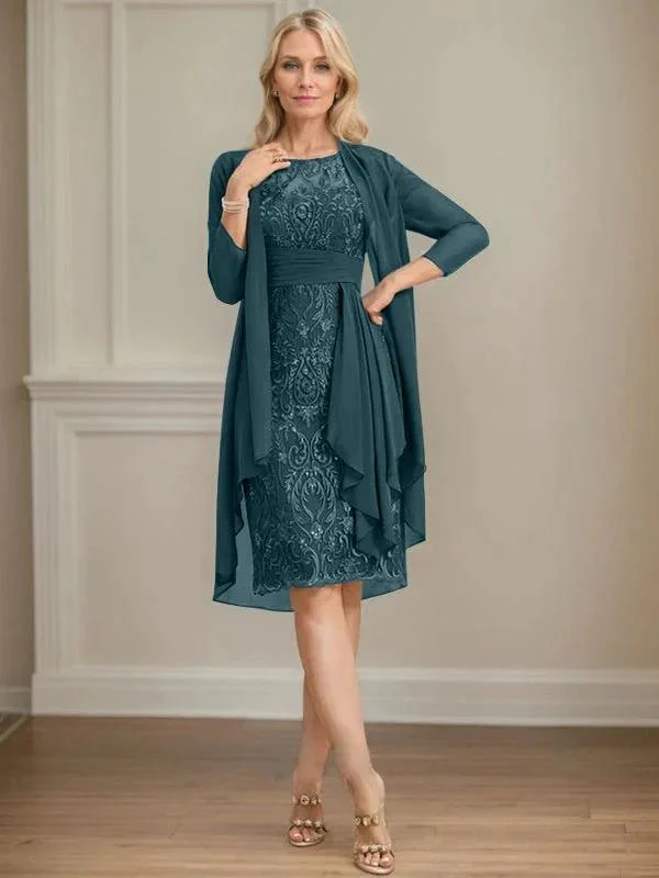 Sheath/Column Scoop Illusion Knee-Length Lace Chiffon Mother of the Bride Dress With Cascading Ruffles Sequins - Image 69