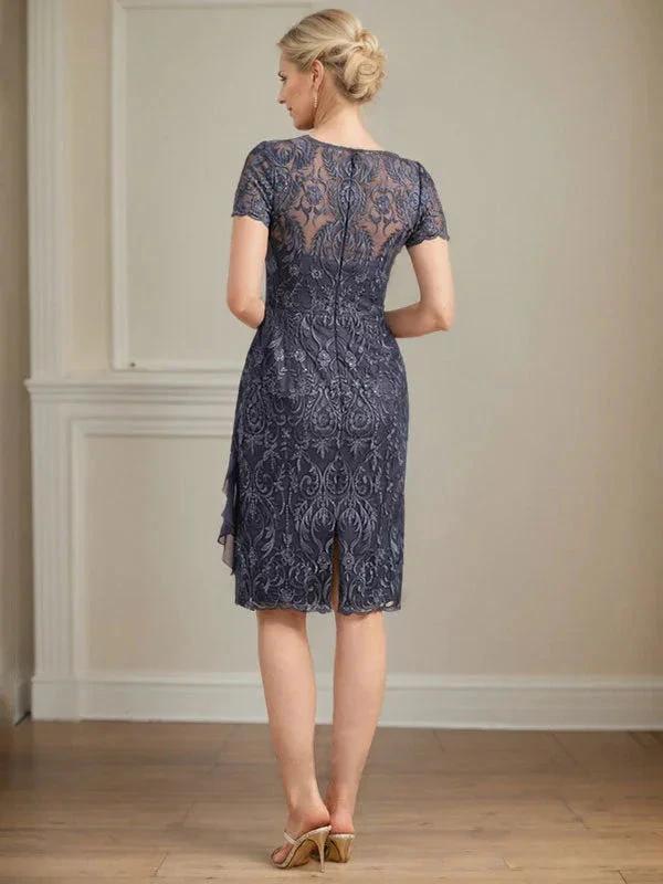 Sheath/Column Scoop Illusion Knee-Length Lace Chiffon Mother of the Bride Dress With Cascading Ruffles Sequins - Image 7