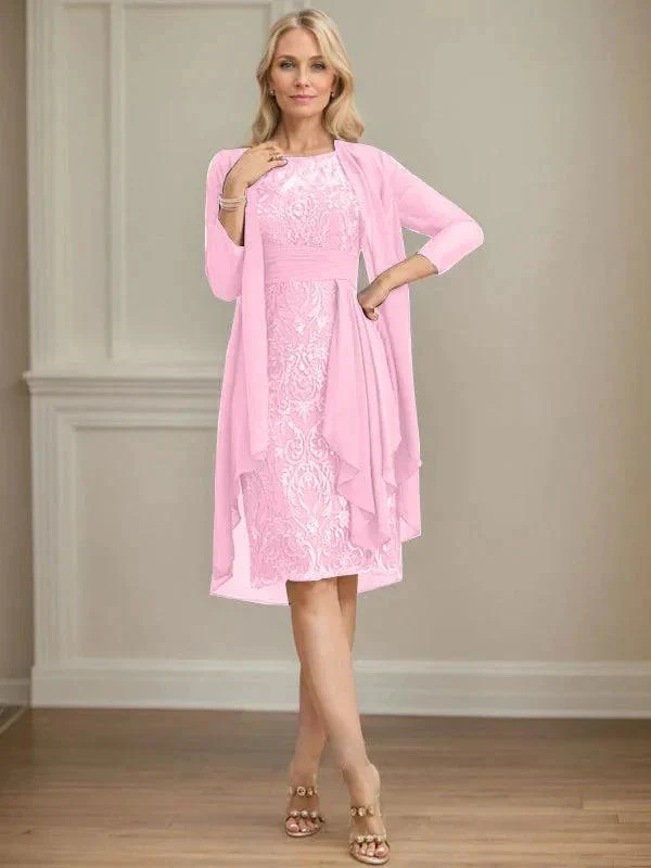 Sheath/Column Scoop Illusion Knee-Length Lace Chiffon Mother of the Bride Dress With Cascading Ruffles Sequins - Image 70