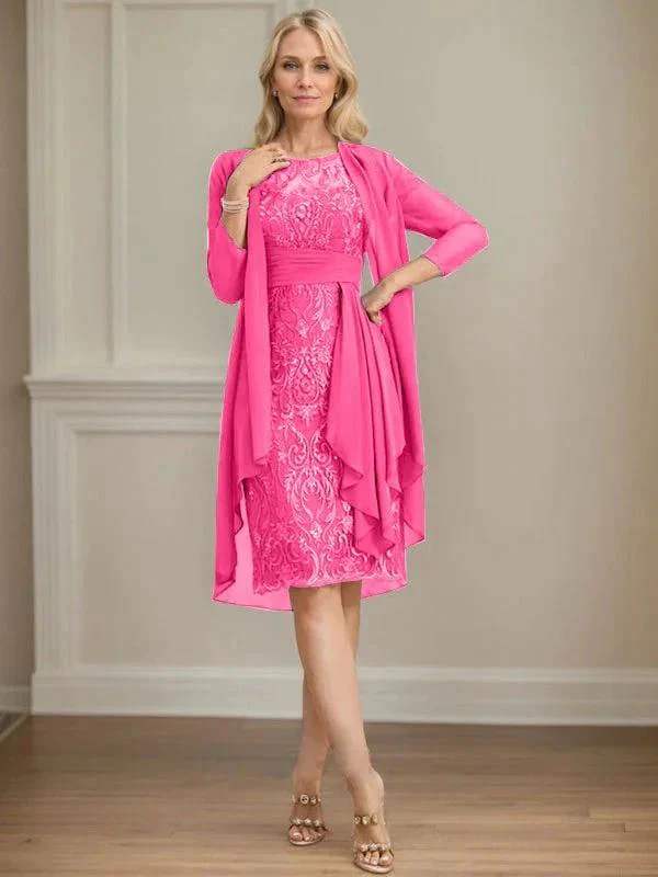 Sheath/Column Scoop Illusion Knee-Length Lace Chiffon Mother of the Bride Dress With Cascading Ruffles Sequins - Image 71